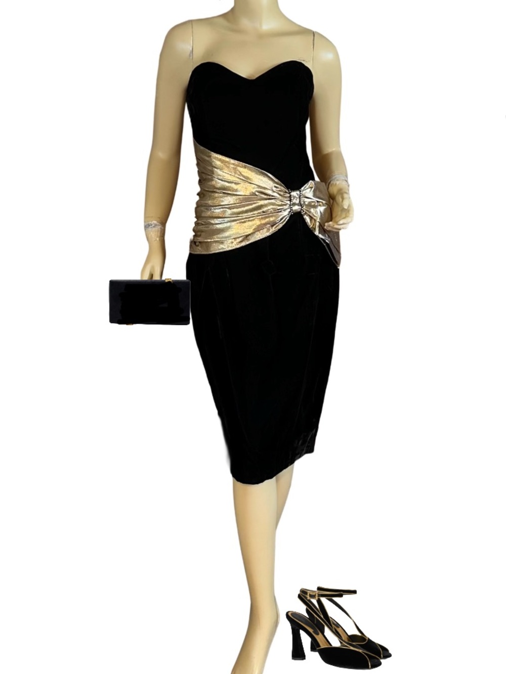 VINTAGE 1980'S GUNNE SAX BLACK VELVET W/GOLD LAME BOW WAIST STRAPLESS DRESS (13)